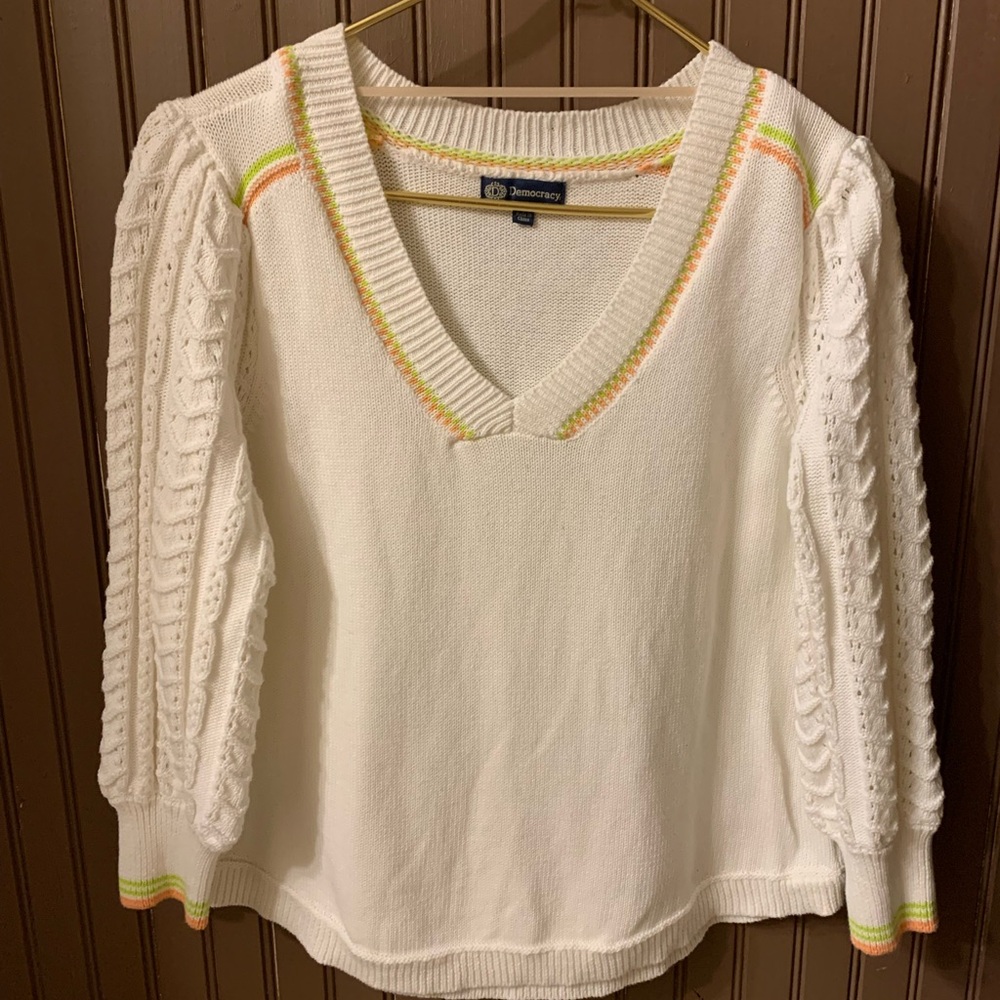 Women's V-Neck Sweater in Cream with Color Accents